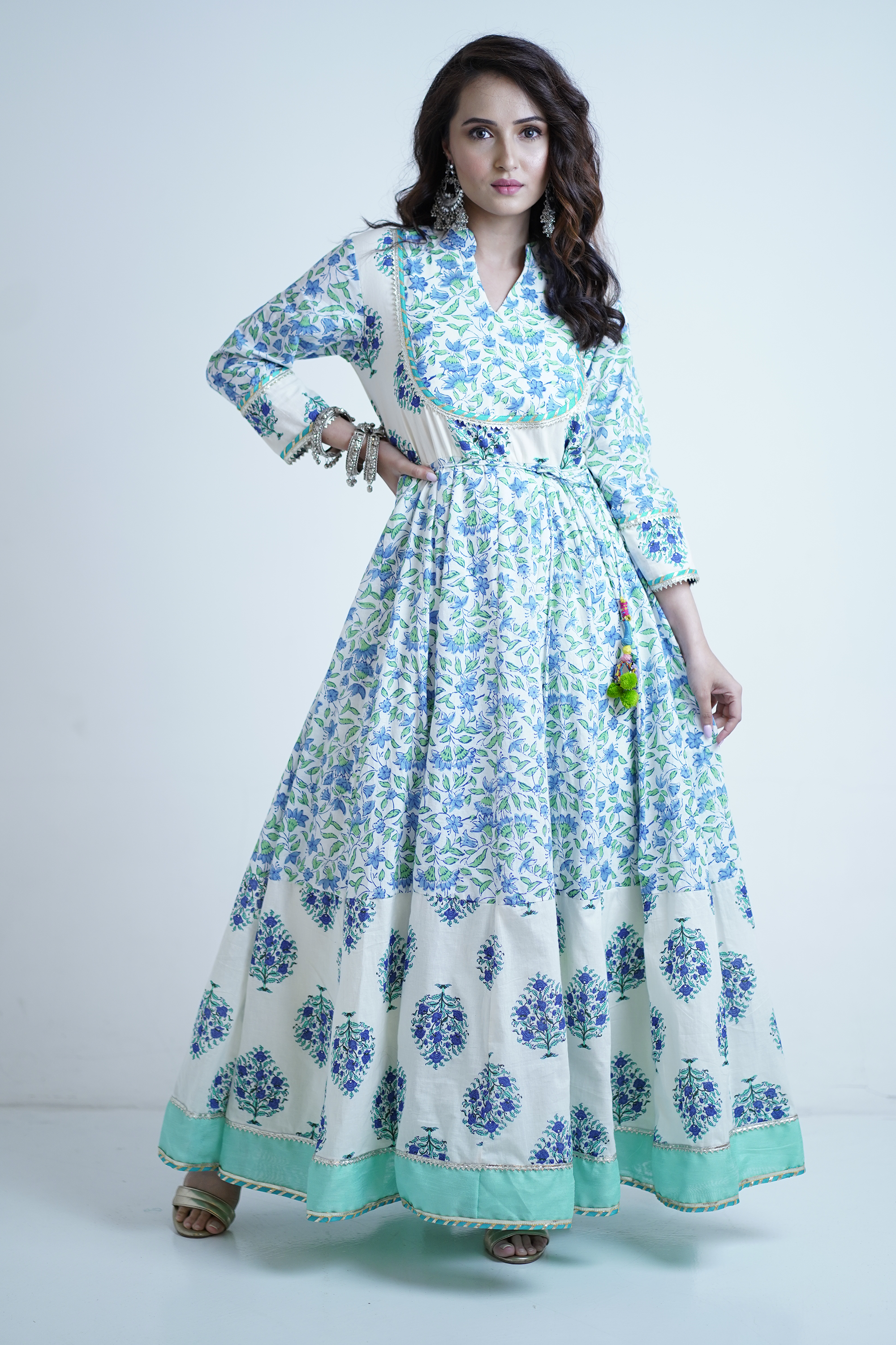 Cotton Floral Anarkali Kurta Set - Mint Trim